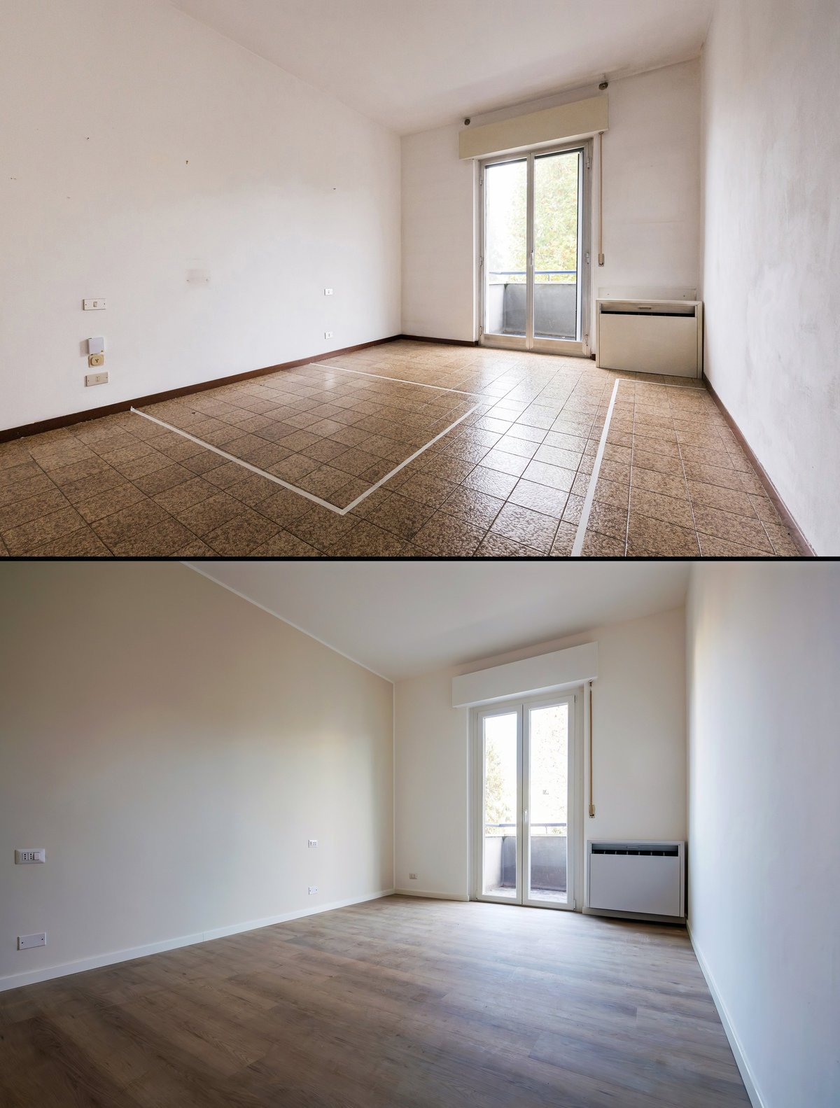 Before and after view of a bedroom renovation showing refurbishment with new floor and wall paint