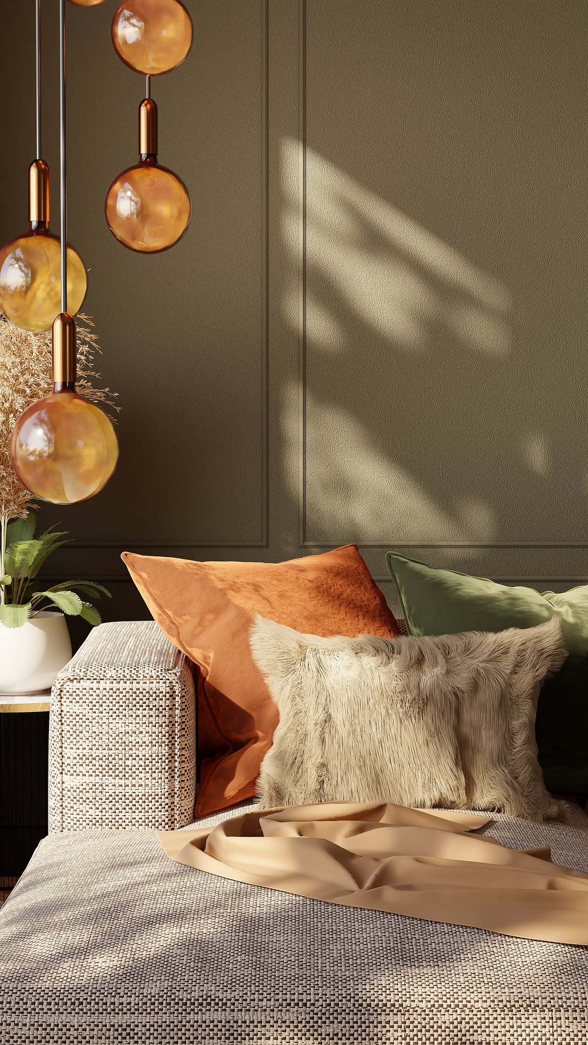 Cozy living corner with textured sofa, fur pillow, green cushion and amber globe lamps, sunlight on wall panels, vertical mockup. 3D render.