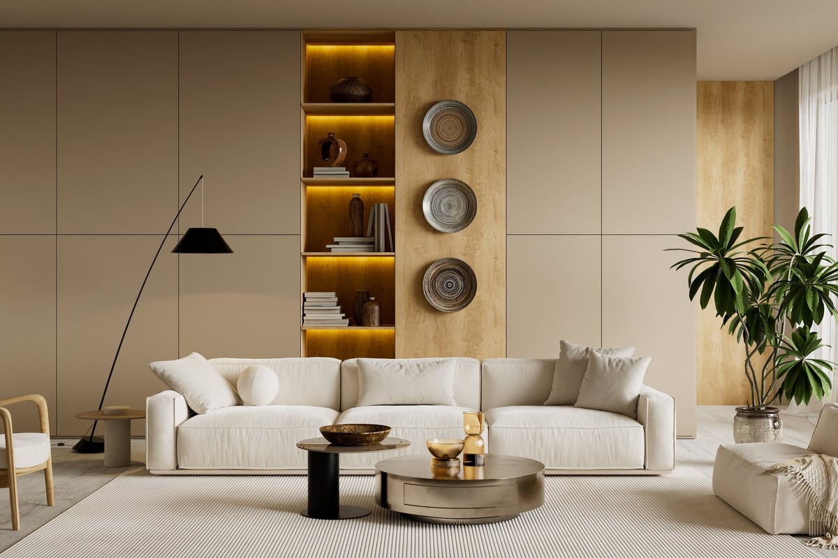 Modern minimalist living room interior designed with calm neutral tones, natural textures, soft illumination and clean architectural lines for modern residential use. 3D illustration